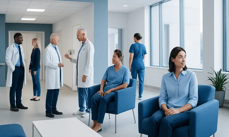 Medical staff and patients in a modern hospital waiting area.