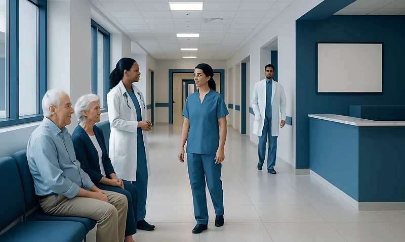 Healthcare professionals consulting with elderly patients in hospital corridor.