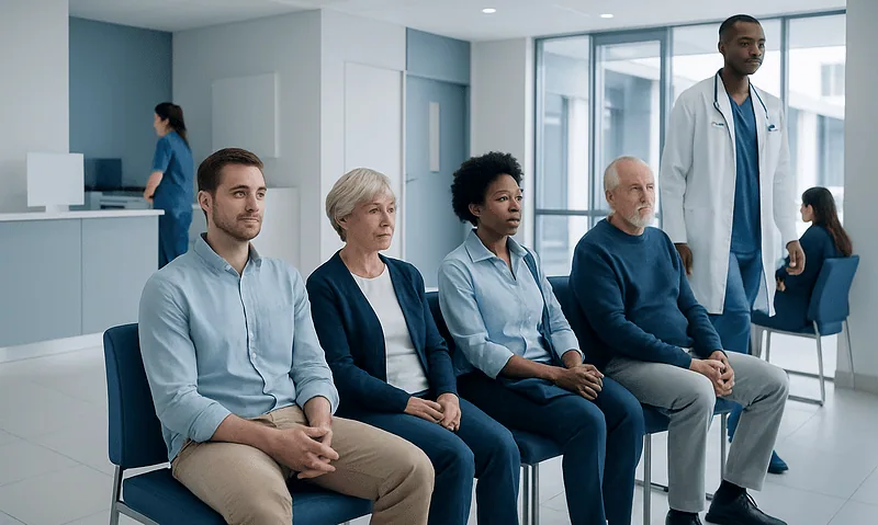 Patients waiting in a hospital reception area with medical staff nearby.