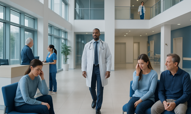 Medical consultation in a modern hospital lobby with patients and doctor.