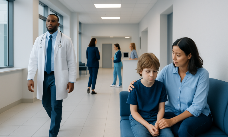 Constipation in Children: Causes, Toilet Habits, and Safe Relief 2 Doctor with young patient in hospital corridor at Acibadem Hospitals Group.