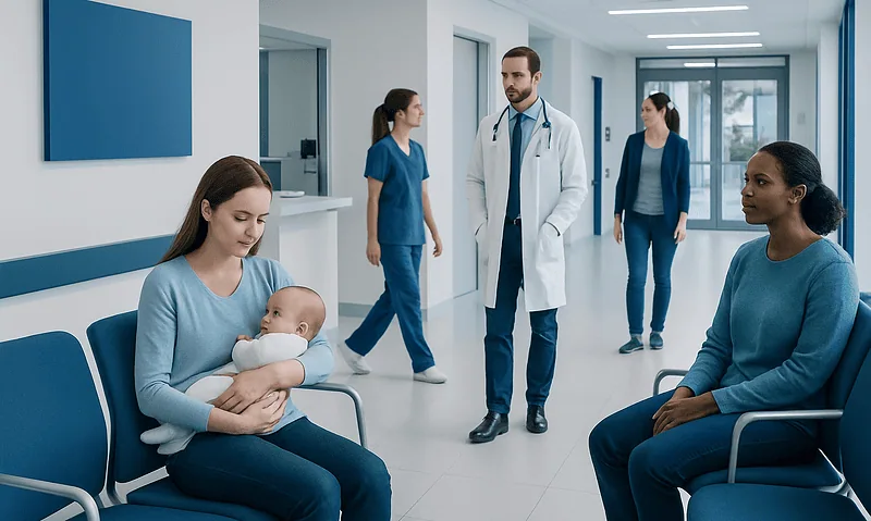 Pediatric patient with mother and medical staff in hospital corridor.