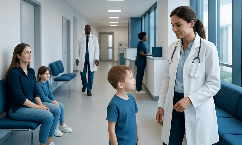 Doctor talking to young patient in hospital corridor with children waiting.