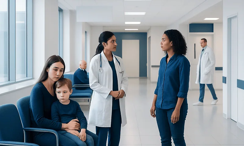 Doctor consulting with a patient in a hospital corridor with children and staff present.