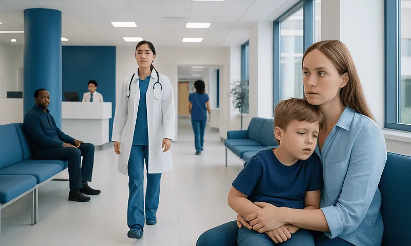 Child with mother in hospital waiting area with medical staff nearby.