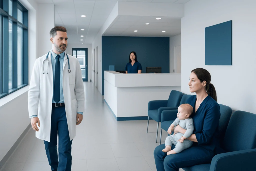 Pyloric Stenosis in Babies: Forceful Vomiting, Ultrasound, and Surgery 1 Doctor talking to mother and baby in hospital waiting area.