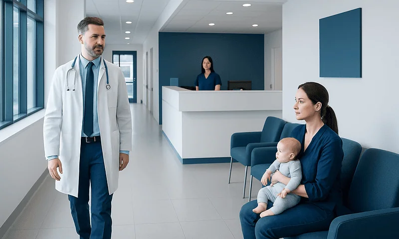 Doctor talking to mother and baby in hospital waiting area.