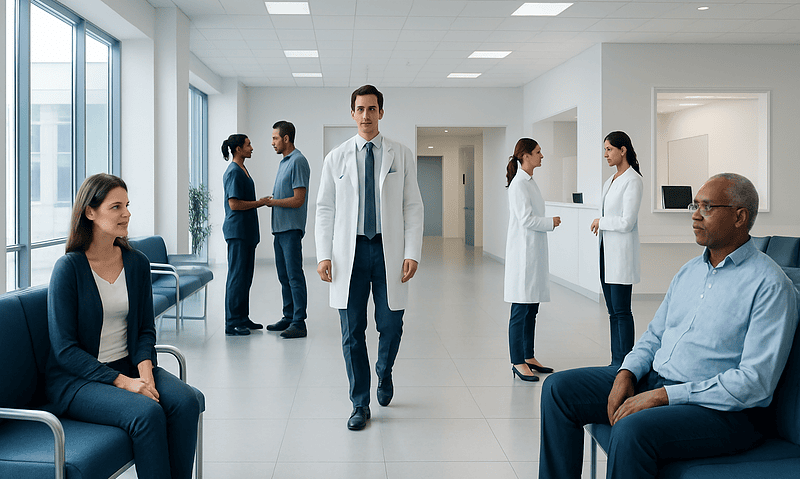 Medical professionals and patients in a hospital waiting area.