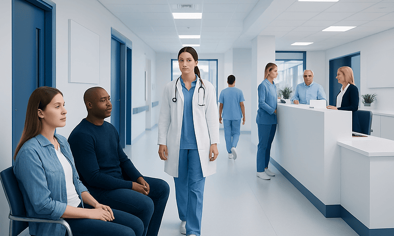Medical staff waiting in a hospital corridor at Acibadem Hospitals Group.