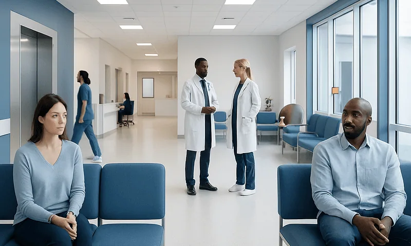 Modern hospital waiting area with patients and medical staff.