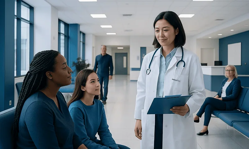 Doctor consulting with patients in a hospital waiting area.