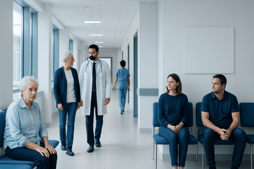 Osteoporosis Prevention: Exercise, Vitamin D, and Fracture Risk Reduction 1 Medical consultation in a hospital corridor with patients and doctor.