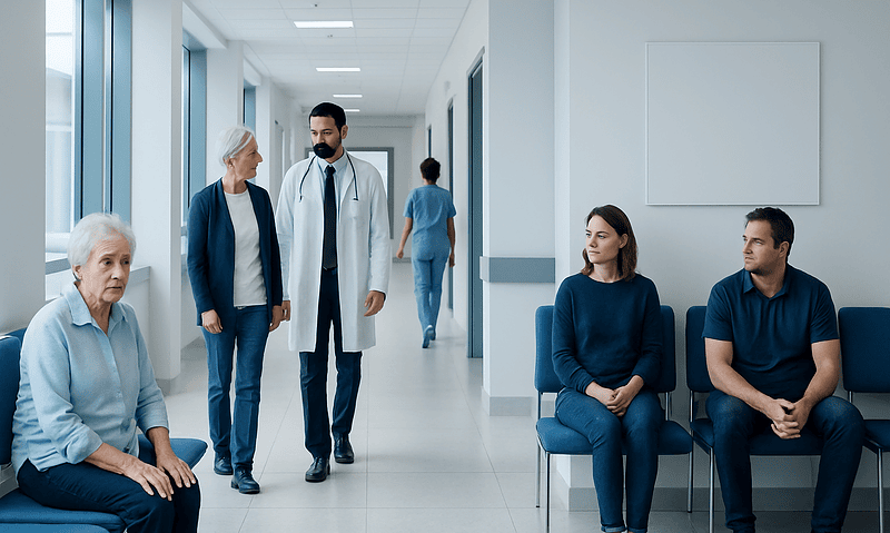 Medical consultation in a hospital corridor with patients and doctor.