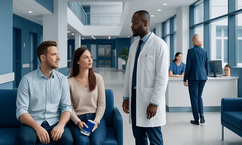Doctor consulting with a couple in a modern hospital lobby.