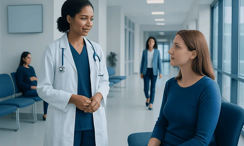 Doctor talking to a female patient in a hospital corridor.