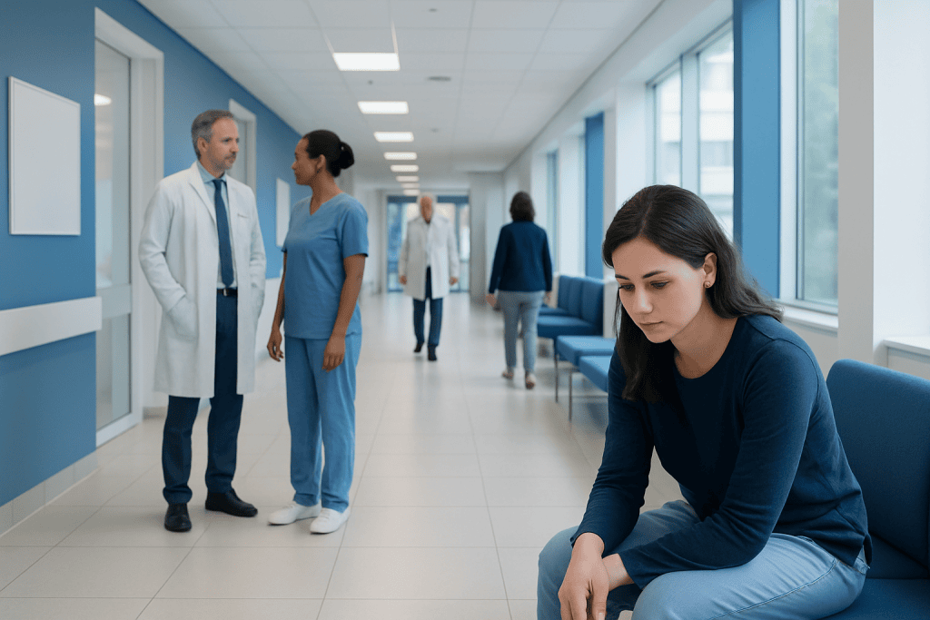 Signs of Depression During Recovery: When Low Mood Needs Medical Attention 1 Young woman feeling distressed in hospital corridor during recovery period.