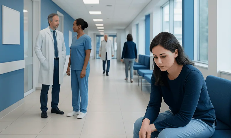 Young woman feeling distressed in hospital corridor during recovery period.