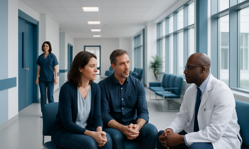 Doctor consulting with a couple in a modern hospital corridor.