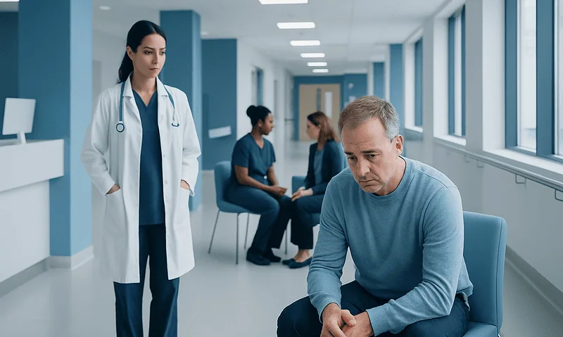 Patient waiting in hospital corridor with medical staff nearby.