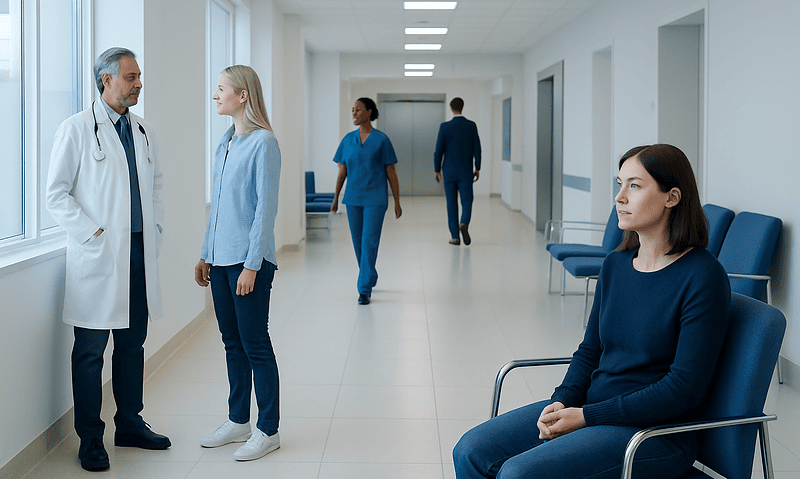 Doctor talking to a young woman in a hospital corridor with other staff in the background.