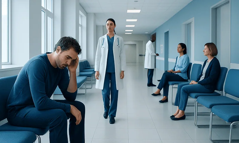 Patient waiting in hospital corridor with medical staff nearby.