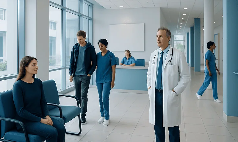 Medical team consulting patient in hospital waiting area.
