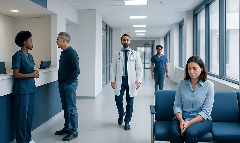 Medical staff and patient in a hospital corridor with large windows.