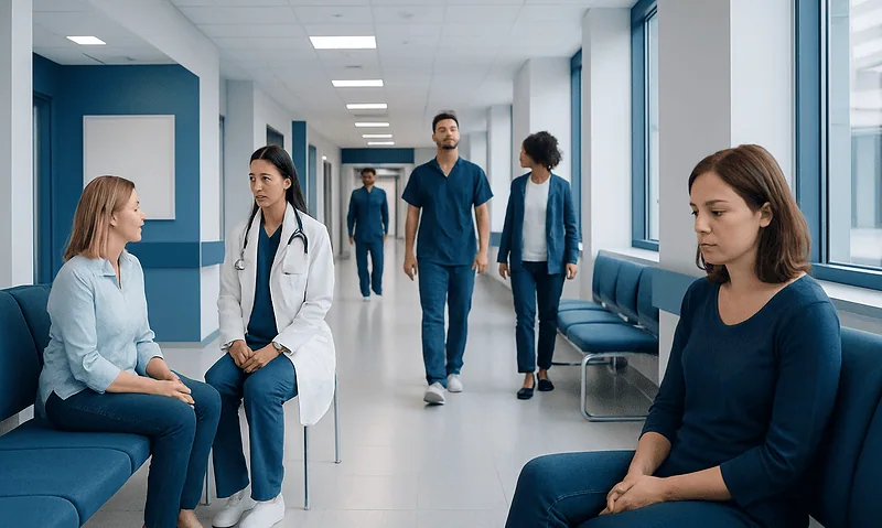 Hospital corridor with patients and medical staff in a modern healthcare facility.