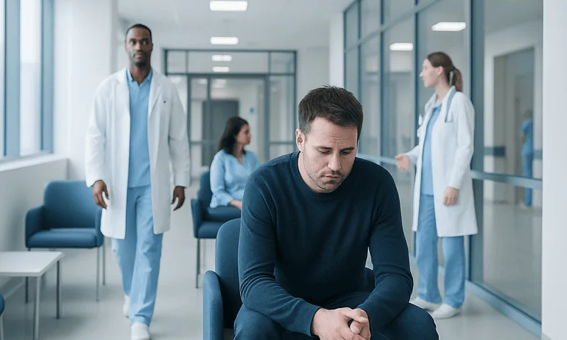 Man in hospital waiting area appears distressed, surrounded by medical staff.