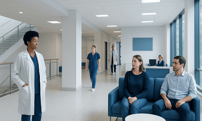 Healthcare professionals and patients in a modern hospital waiting area.