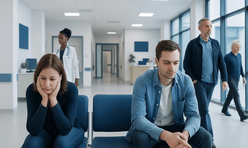 Patients waiting in a hospital corridor, some looking distressed or lost in thought.