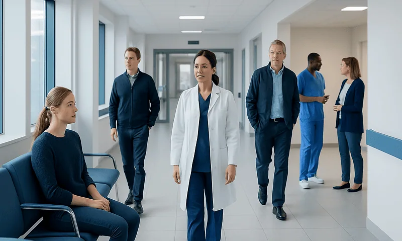 Healthcare professionals and patient in hospital corridor at Acibadem Hospitals Group.