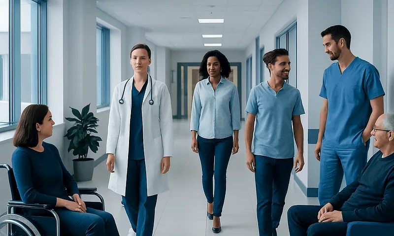 Healthcare professionals and patients in a hospital corridor.
