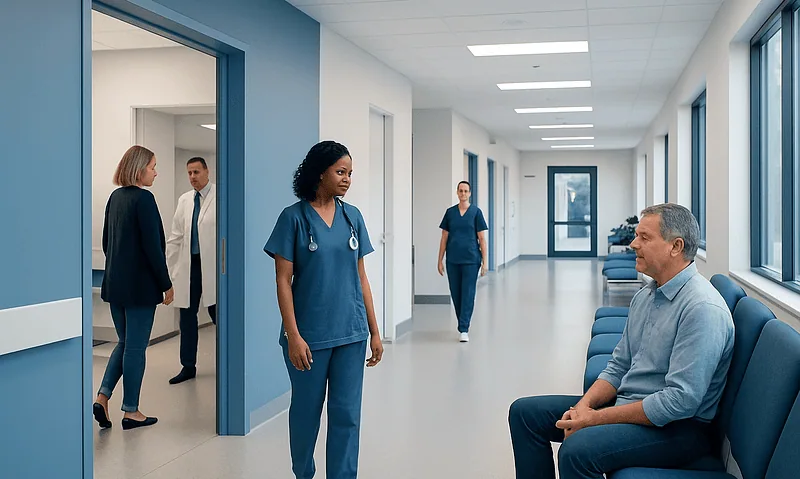 MRI-Guided Focused Ultrasound: Incision-Free Treatment Explained 10 Healthcare professionals and patient in a modern hospital corridor.