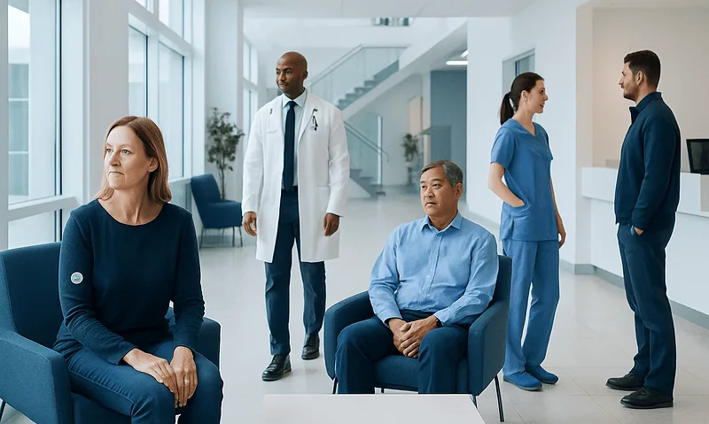 Flash Glucose Monitoring: Who Benefits and How to Use It Safely 9 Patients and medical staff in a modern hospital waiting area.