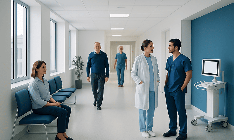 Transcranial Doppler Ultrasound: Measuring Blood Flow in the Brain 5 Medical staff and patients in a hospital corridor with ultrasound equipment.