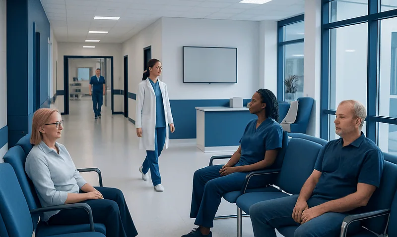 Video Urodynamic Testing: Finding the Cause of Complex Bladder Symptoms 3 Patients waiting in a hospital corridor for urodynamic testing.