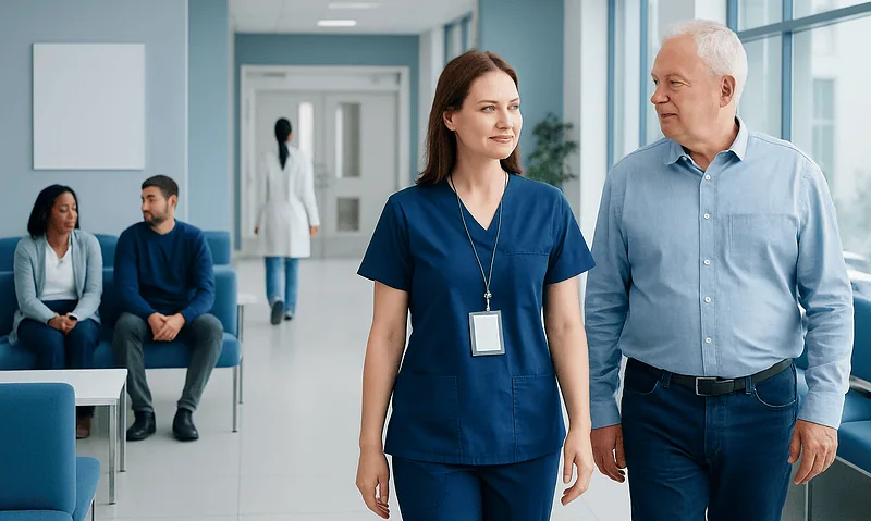 CT Coronary Angiography: What It Shows and How to Prepare 16 Healthcare professionals walking in a hospital corridor with patients in the background.