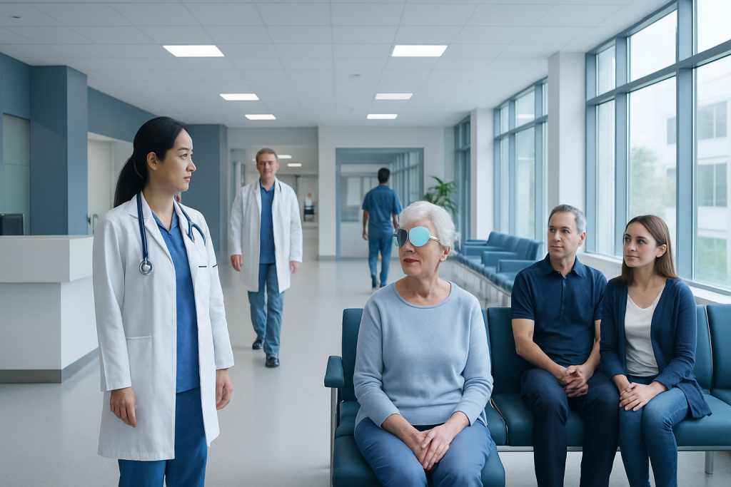 Corneal Transplant: When It Is Needed and What Recovery Is Like 1 Patient with eye protection consulting with doctor in hospital corridor.