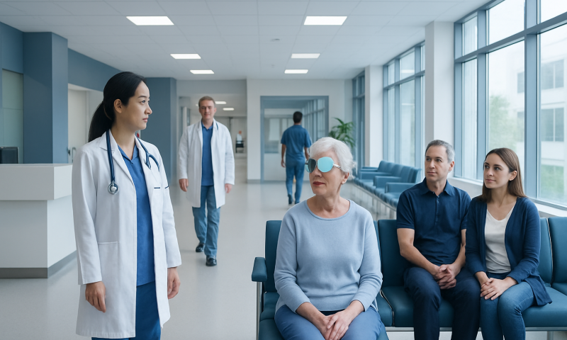 Patient with eye protection consulting with doctor in hospital corridor.