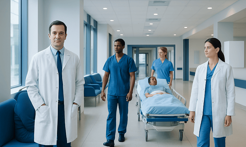 Medical team in hospital corridor with patient bed and staff.