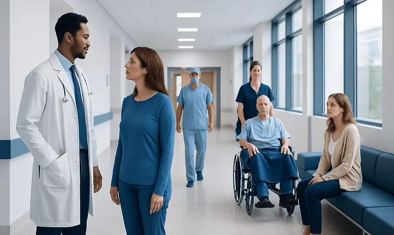 Medical team consulting with patient in hospital corridor.