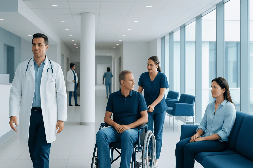 Composite Tissue Allotransplantation: Face and Hand Transplant Explained 1 Medical team and patient in hospital corridor with large windows.
