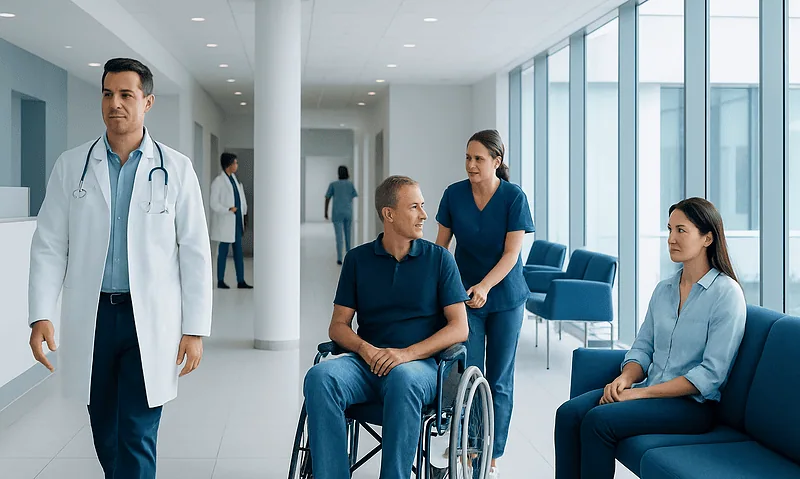 Medical team and patient in hospital corridor with large windows.