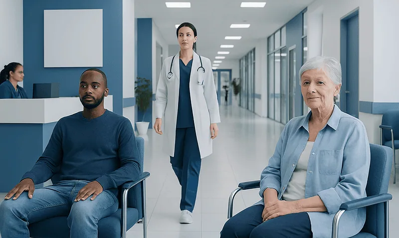 Patients waiting in a hospital corridor with a healthcare professional nearby.