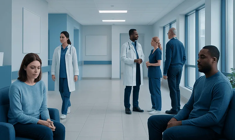 Medical team consulting with patients in a hospital corridor.