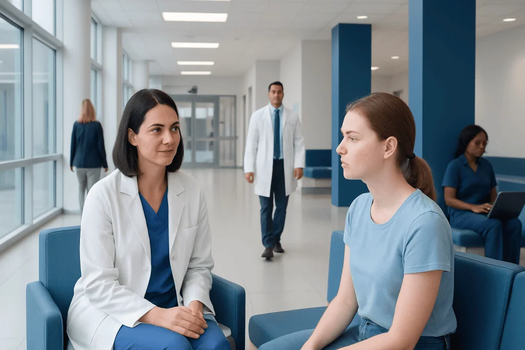 Skin Care Treatments for Acne-Prone Skin: What Dermatologists May Recommend 1 Dermatologist consulting a young patient in a modern clinic.