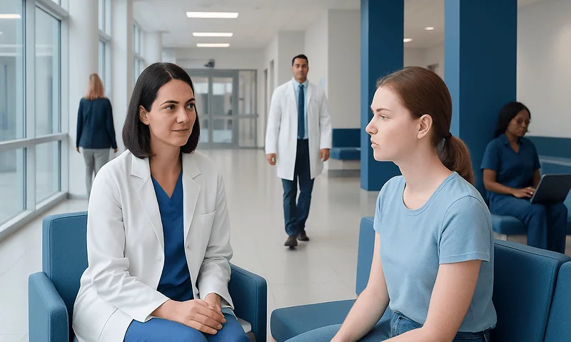 Dermatologist consulting a young patient in a modern clinic.