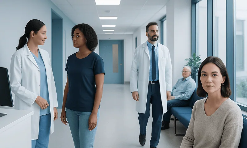 Medical team consulting with patient in hospital corridor at Acibadem Hospitals.