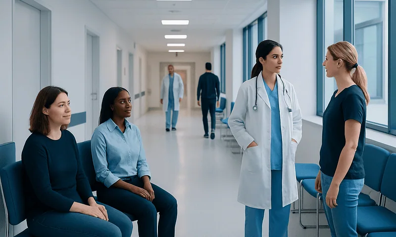 Cervical Cancer: Symptoms, Stages, and How It Is Diagnosed 3 Medical consultation in hospital corridor with healthcare professionals and patients.